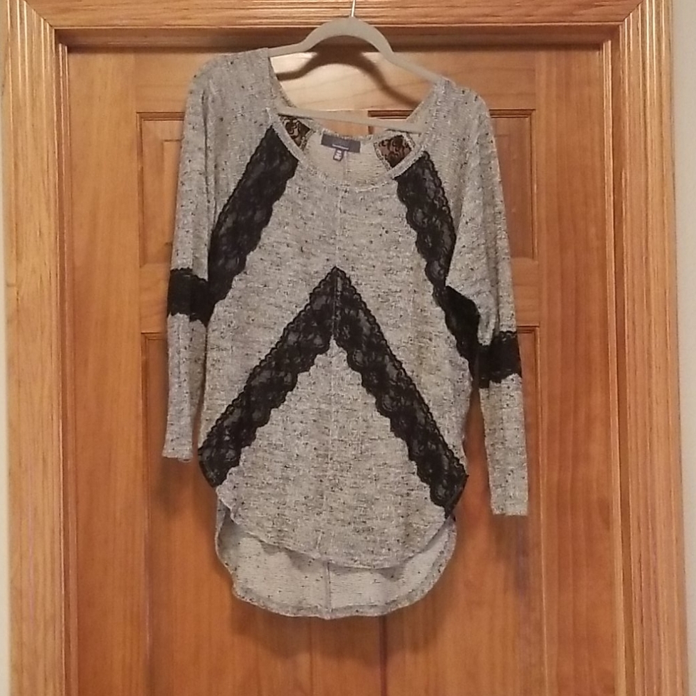 Heather grey Saks sweater with lace detail